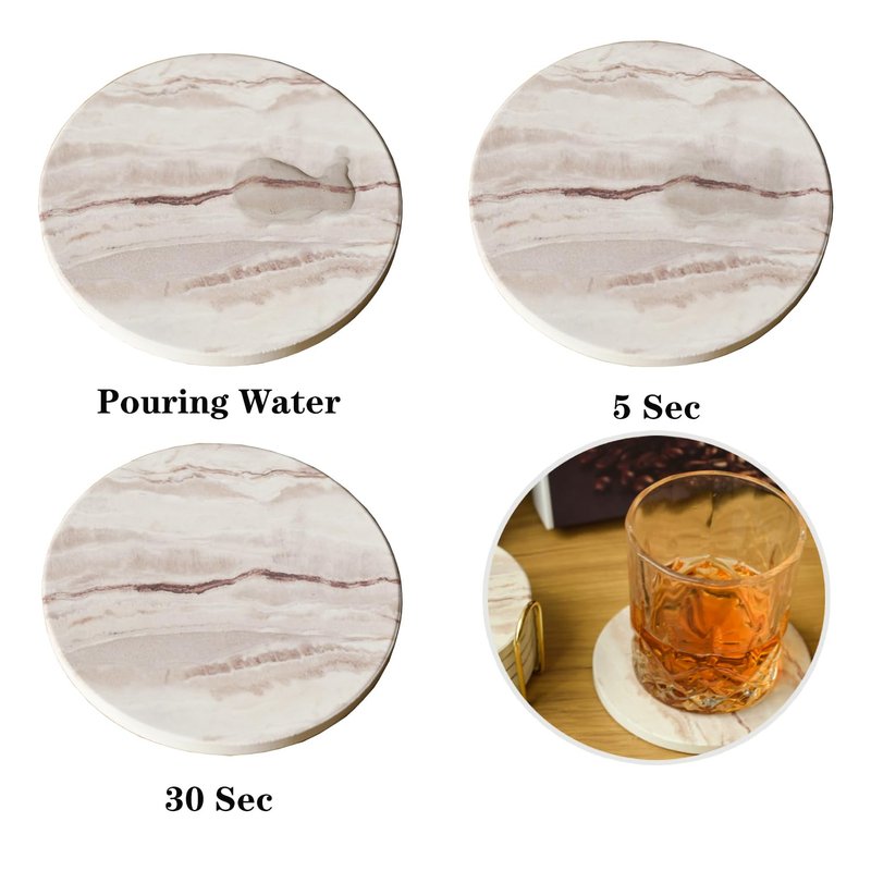 6Pcs Drink Coasters with Holder, Round Marble Style Ceramic Drink Coaster, Absorbent Coaster Set for Home Decor Tabletop Protection, Suitable for Kinds of Cups, Housewarming Gift, 4 Inches