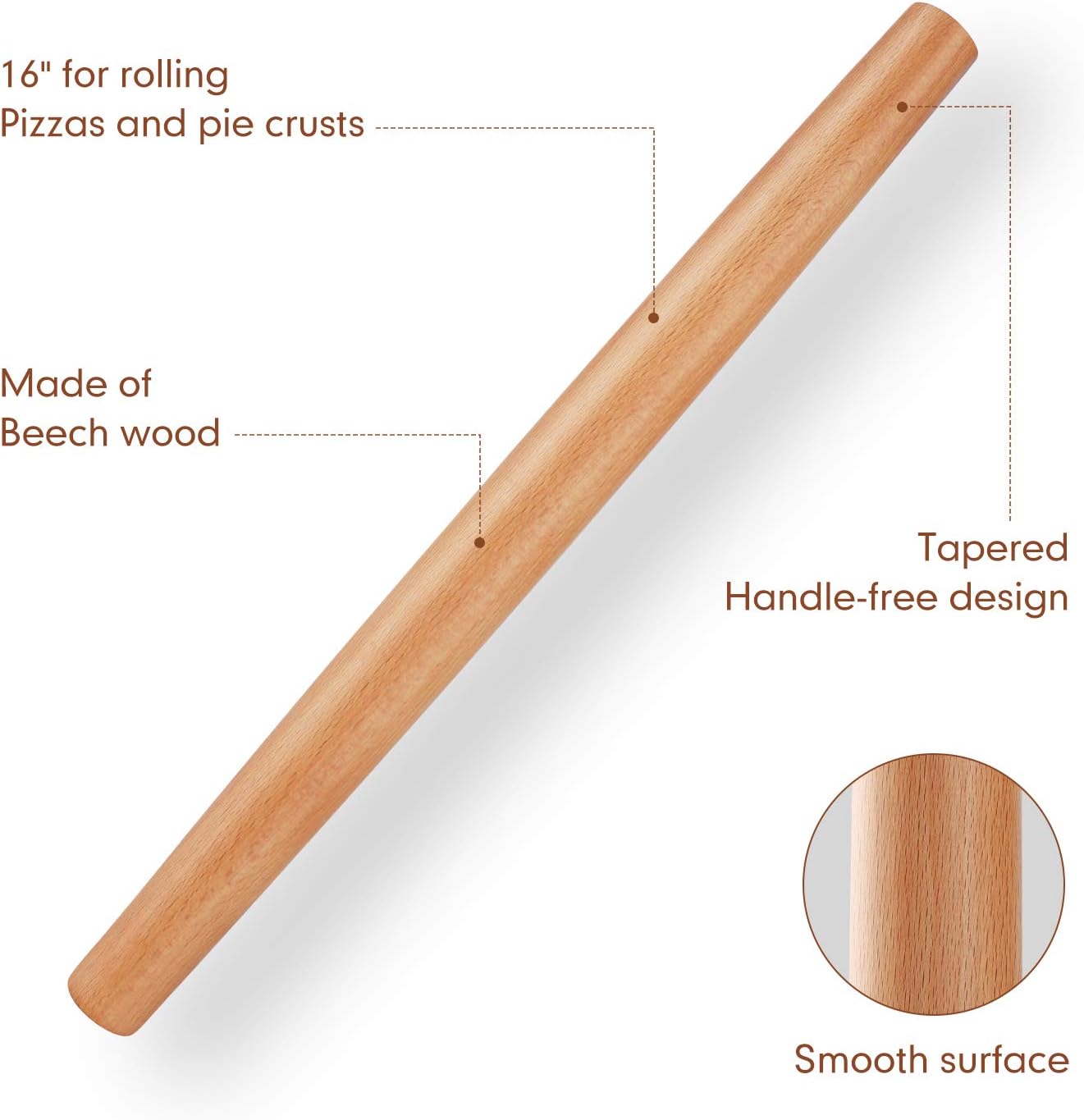QUELLANCE Wooden Rolling Pin - Beech Wood Dough Roller with Silicone Baking Mat | Perfect for Pizza, Pastries, and Cookies