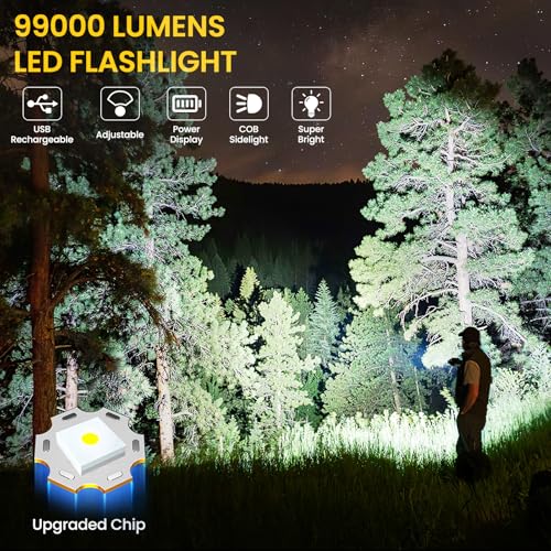 azamine Rechargeable Flashlights High Lumens, 99000LM Super Bright Flash Light with 6 Modes, Adjustable Powerful Handheld LED Flashlight for Home Camping