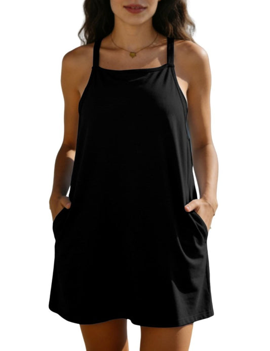Yeokou Women's Sleeveless Summer Casual Beach Mini Dress Built-in Shorts Square Neck Tank Active Dress with Pockets(Black-M)