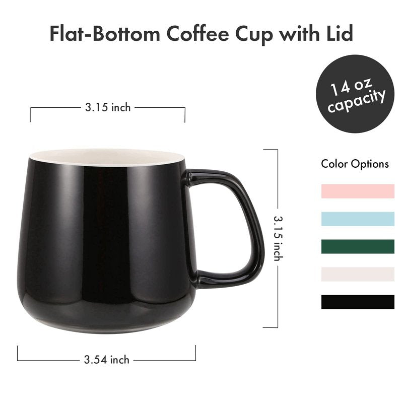 VOBAGA Coffee Cup with Lid and Flat-Bottom, 13 oz Tea Mug for Daily Use Warming Coffee&Tea (Black)