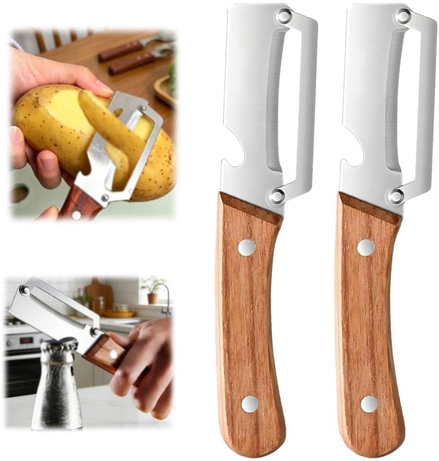 Skiennix Multi-Functional Vegetable Peeler - 2-in-1 Stainless Steel with Wooden Handle & Bottle Opener | 2 Pack