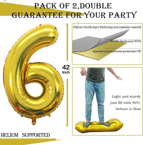 GOER Gold Foil Number 6 Balloons - Huge 42" & 32" Birthday Party Decorations (3 Pcs)