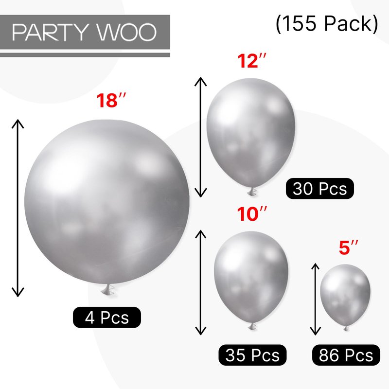 PartyWoo Silver Balloons 155 pcs Different Sizes of 18 12 10 5 Inch Silver Balloon Arch Kit Garland for Birthday Graduation Bachelorette Engagement Bridal Shower Wedding Party Decorations Silver-G102