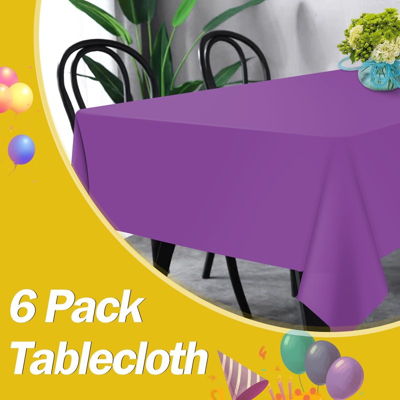 tujol Purple 6 Pack Plastic Table Cloth 54" x 108", Disposable Tablecloths Rectangle Table Cover, Plastic Tablecloths for Parties