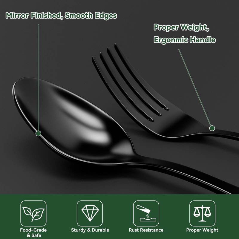 JUNLIN 49 Pieces Black Silverware Set with Steak Knives, Stainless Steel Silverware with Organizer Flatware Utensils Set for 8, Forks and Spoons Silverware Set Cutlery Set