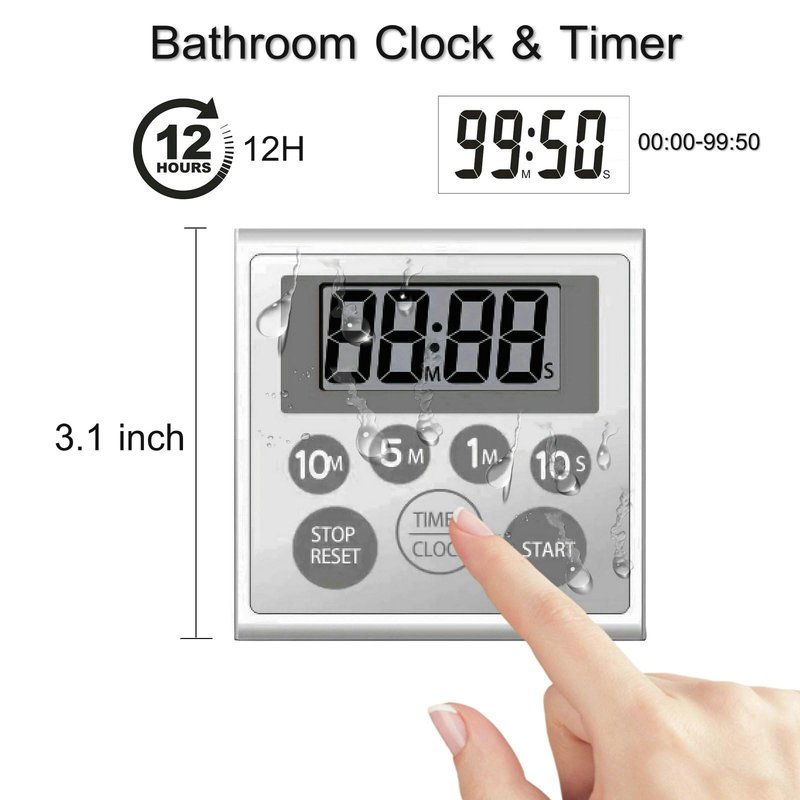 NUOSWEK Digital Timer Waterproof Shower Timer Shower Clock Bathroom Kitchen Timer with Strong Magnet and Large LCD Display (Waterproof 7 Key)