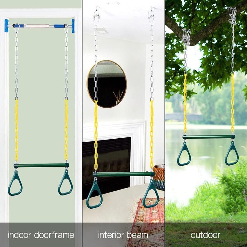 LadyRosian Gym Rings Trapeze Swing Bar 16", Heavy Duty 47" Chain Swing Set Accessories with Locking Carabiners, Monkey Bars for Backyard, Playground, Playroom