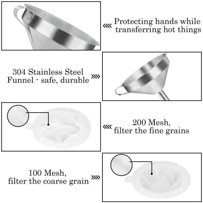 WMKGG 304 Stainless Steel Funnel, 5 Inch Funnels for Kitchen Use Filling Bottles, with 200 Mesh and 100 Mesh Fine Mesh Strainer, for Oils, Juice, Wine, Coffee, Milk, Tea, Powder