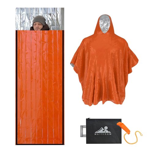 Emergency Sleeping Bag with Hood & Emergency Rain Poncho [2PCS], Ultralight Waterproof Thermal Mylar Foil Space Blanket Survival for Hiking Backpacking Camping (Survival Orange)