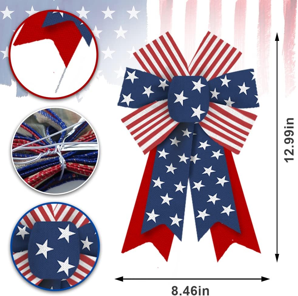Threetols Patriotic Wreath Bows - 2pcs Red, White & Blue Burlap Bows for Memorial Day & 4th of July Decor