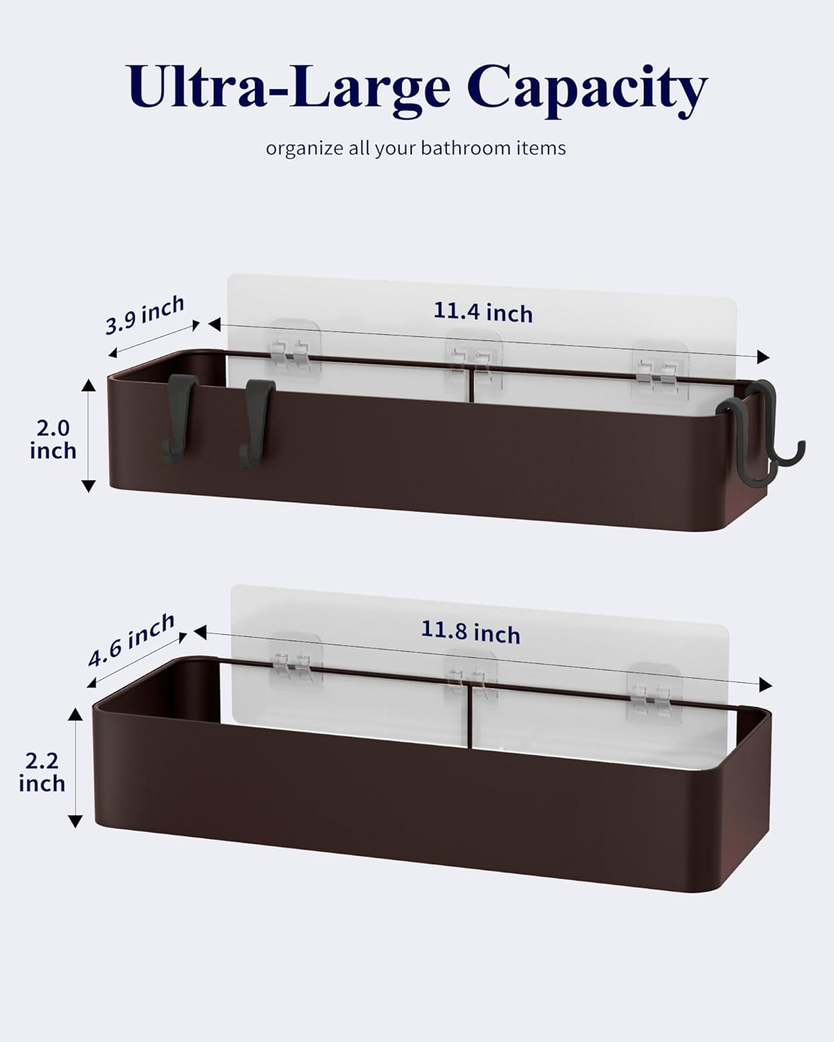 Kitsure Shower Caddy | 2-Pack Adhesive Organizer - Rustproof Metal Shelves, No-Drill, Large, Brown