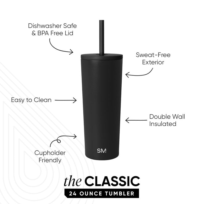 Simple Modern Classic Tumbler with Straw Lid | Insulated Iced Coffee Cup Reusable Stainless Steel Water Bottle Travel Mug | Gifts for Women Men Her Him | 24oz | Midnight Black