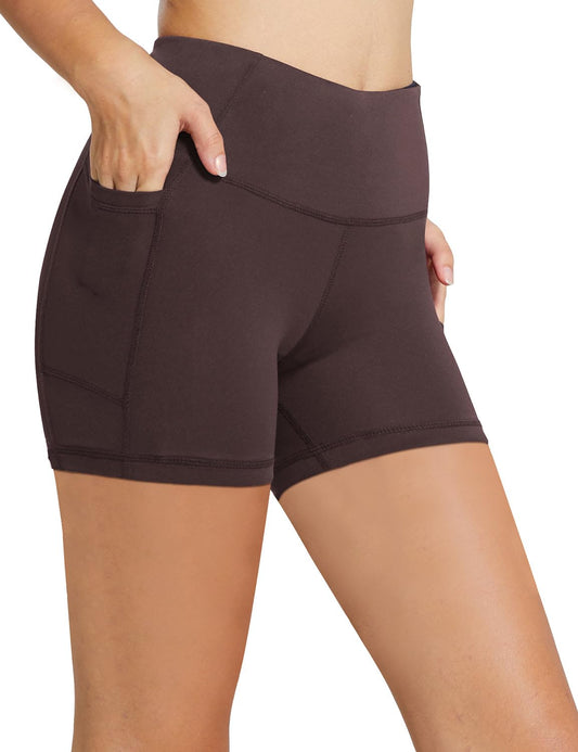 baleaf Biker Shorts Women Yoga Gym Workout Spandex Running Volleyball Tummy Control Compression with Pockets 5" Brown XL
