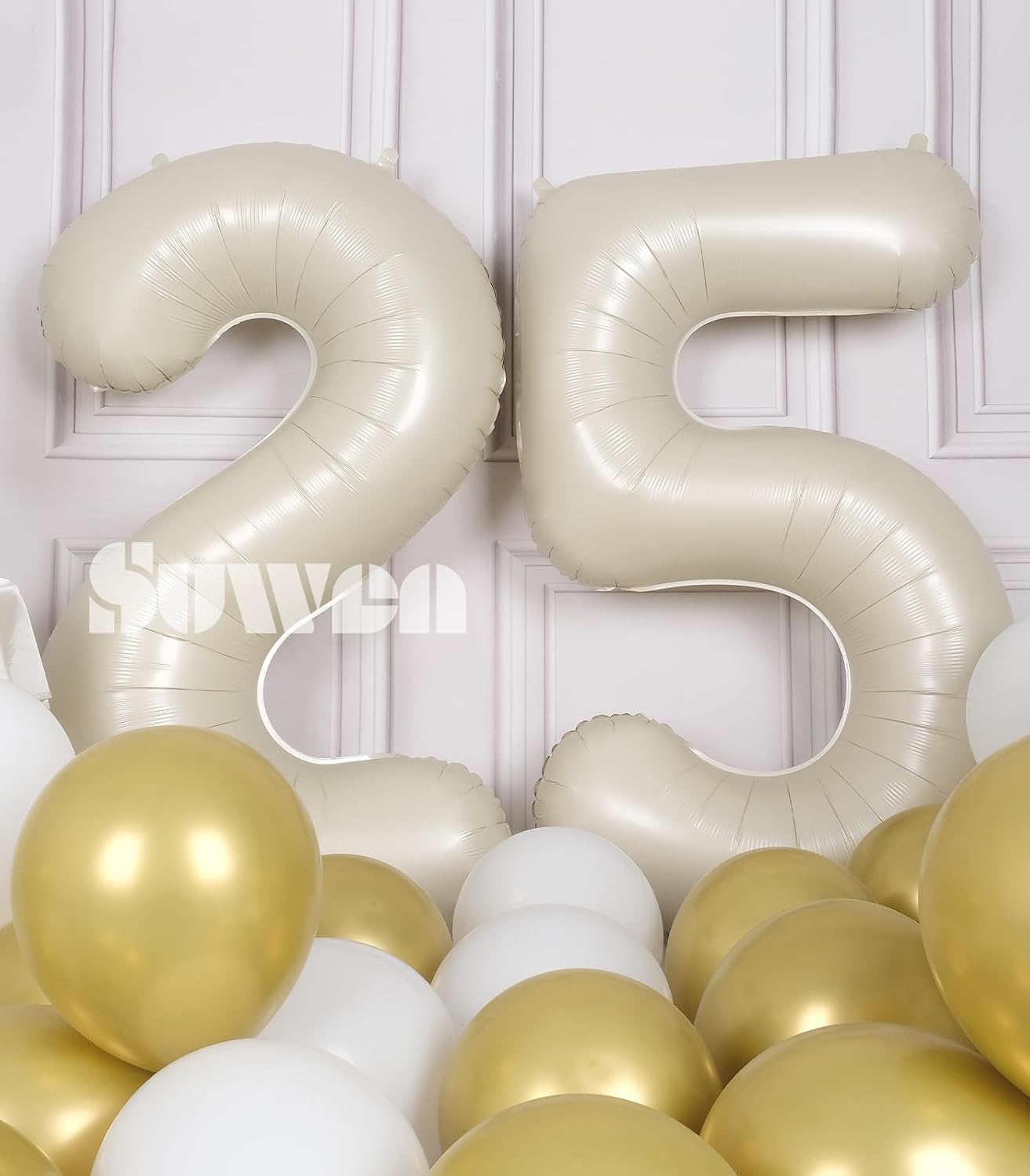 SUWEN Jumbo 40-Inch Cream White Foil Number Balloons | 0-9 Mylar Birthday Decorations for 25th Anniversary