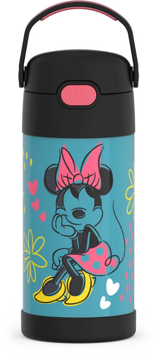 THERMOS FUNTAINER Water Bottle with Straw - 12 Ounce - Kids Stainless Steel Vacuum Insulated Water Bottle with Lid, Minnie Mouse