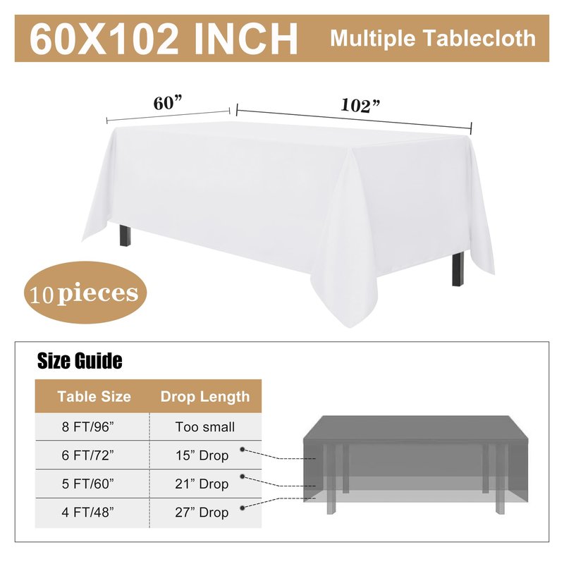 sancua 10 Pack White Tablecloth 60 x 102 Inch, Rectangle Table Cloth for 6 Feet Tables - Stain and Wrinkle Resistant Washable Polyester Table Cover for Dining Tables, Buffet Parties and Camping