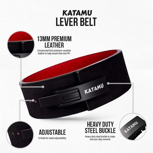 Katamu Premium Leather Lever Weightlifting Belt – Secure Steel Lever, Powerlifting Support for Deadlifts, Squats & Heavy Lifts - Be A Hero (Vengeance, Medium)