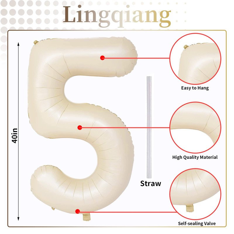 Beige Number 5 Balloon for Girls Boys, 40 Inch Large Cream Number 0-9 Foil Mylar Helium Digital Balloons Set for Women Men Birthday Graduation Anniversary Party Decorations Celebration Supplies