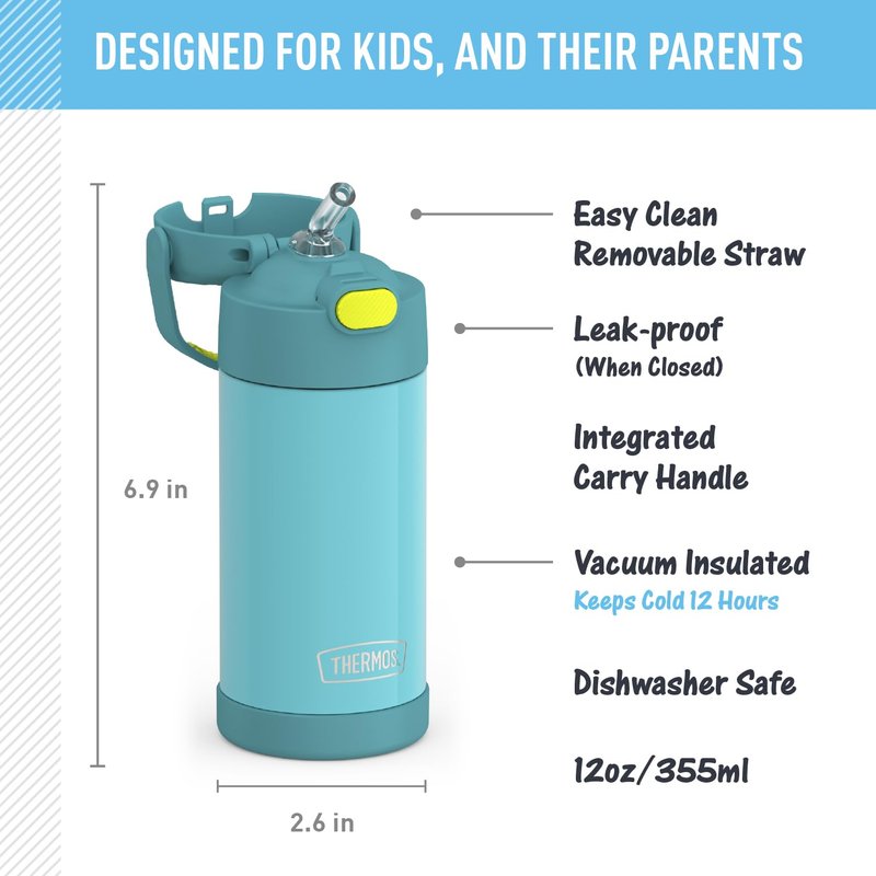 THERMOS FUNTAINER Water Bottle with Straw - 12 Ounce - Kids Stainless Steel Vacuum Insulated Water Bottle with Lid, Blue/Green