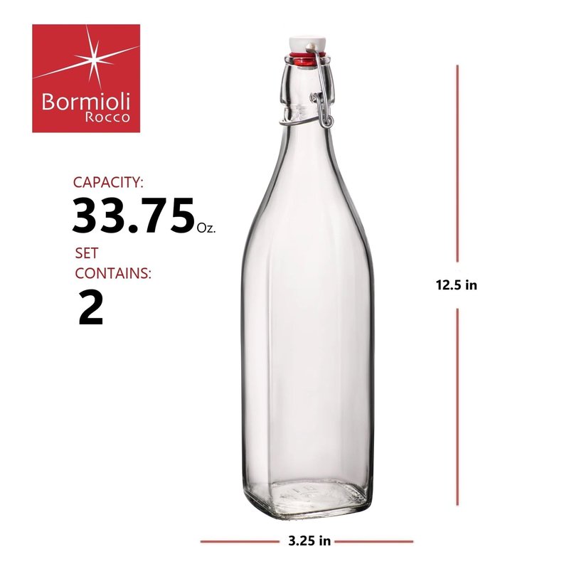 Bormioli Rocco 33.75oz Swing Bottle (Set of 2) - Reusable Glass with Airtight Leakproof Swing Tops, BPA-Free Office Water Bottle, Great for Homemade Syrups, Dressings, Infused Oils, Fresh Juices