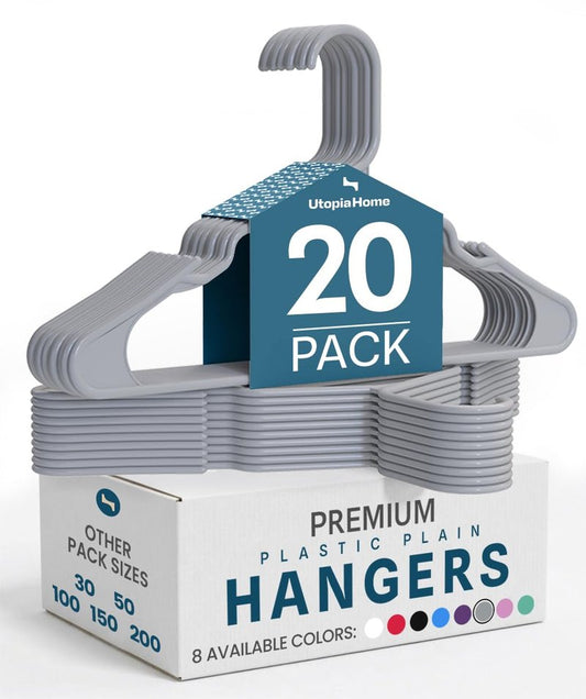 Utopia Home Plastic Hangers 20 Pack - Perfect Space Saving Clothes Hanger - Durable and Strong - Perfect Closet Organizers with Shoulder Grooves (Grey)