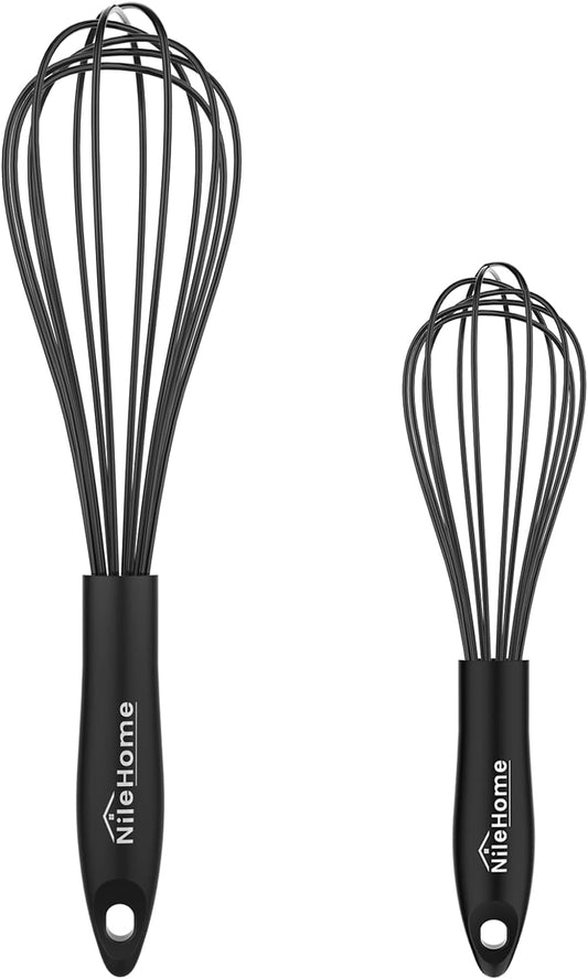NileHome Silicone Whisk Set - Versatile 8" & 10" Kitchen Whisks for Cooking & Baking - Black
