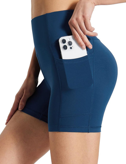 baleaf Womens Spandex Shorts 5" High Waisted Biker Workout Lycra Compression Shorts with Pockets Blue S