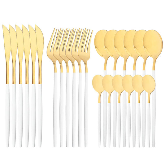 Snplowum Mirror Cutlery Serving Set, 24-piece 18/0 Stainless Steel Silverware With White Handle Simple & Modern Tableware For Home Party Restaurant Christmas Dinner, Service For 6 (White Gold)