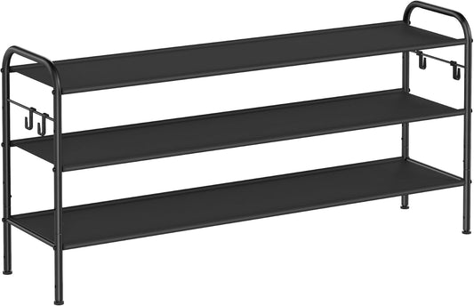 SONGMICS 3-Tier Shoe Rack - Height-Adjustable Fabric Organizer with 4 Hooks | Holds 18 Pairs - Ink Black