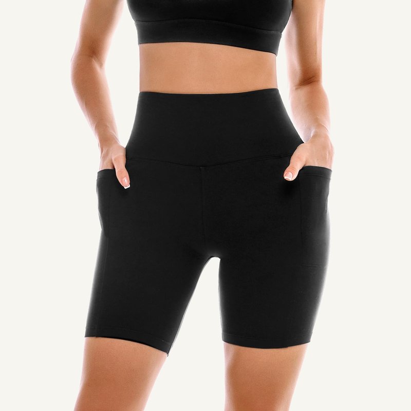 Leafigure 2 Pack Womens Biker Shorts with Pockets, High Waisted Tummy Control Yoga Shorts for Women Running Gym and Workout White/Beige S-M