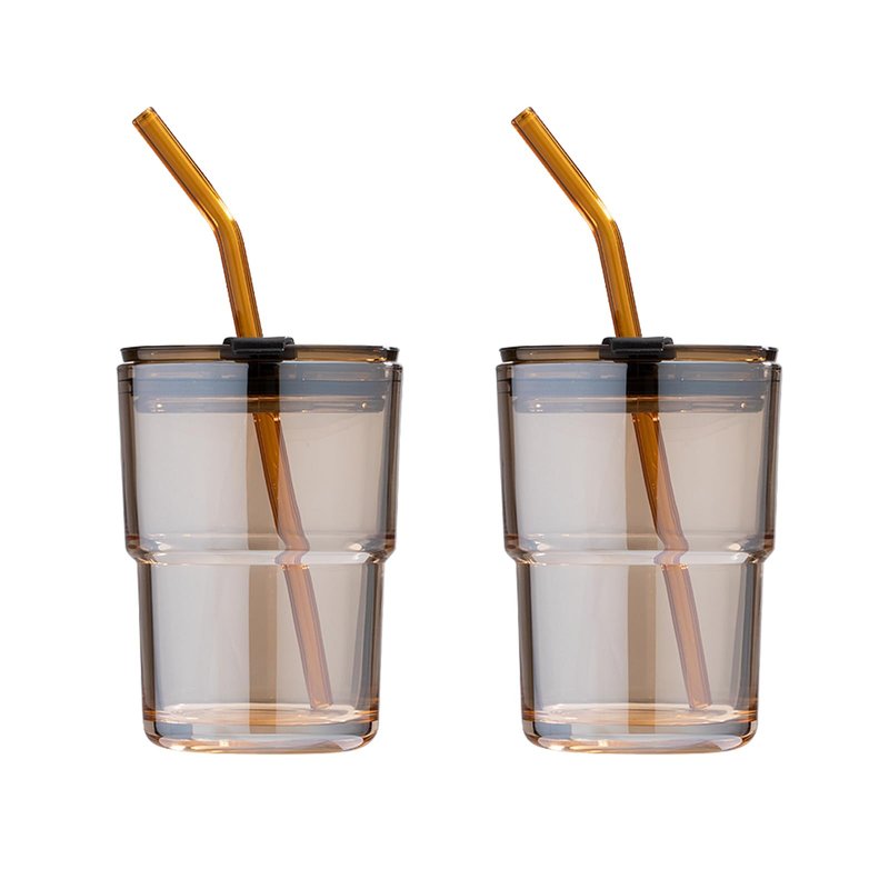 BLUEPOLAR 13 oz Tumbler Water Glass, Water Bottle with Straw and Dustproof Lid, Coffee Ice Cup Double Wall Insulated Glass Cup (Amber-2Pack)