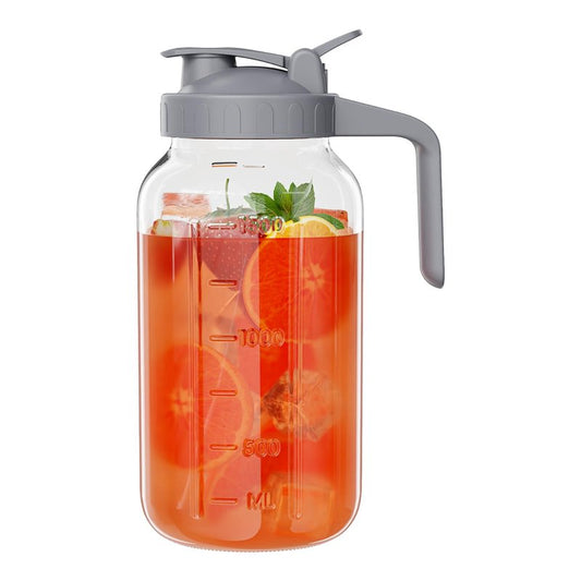 Glass Mason Jar Pitcher, 64 oz Wide Mouth Jug with Pour Spout Handle Lid for Cold Brew Coffee, Ice Beverage, Iced Juice, Lemonade, Sun Tea, Fruit Drinks Container(Gray)