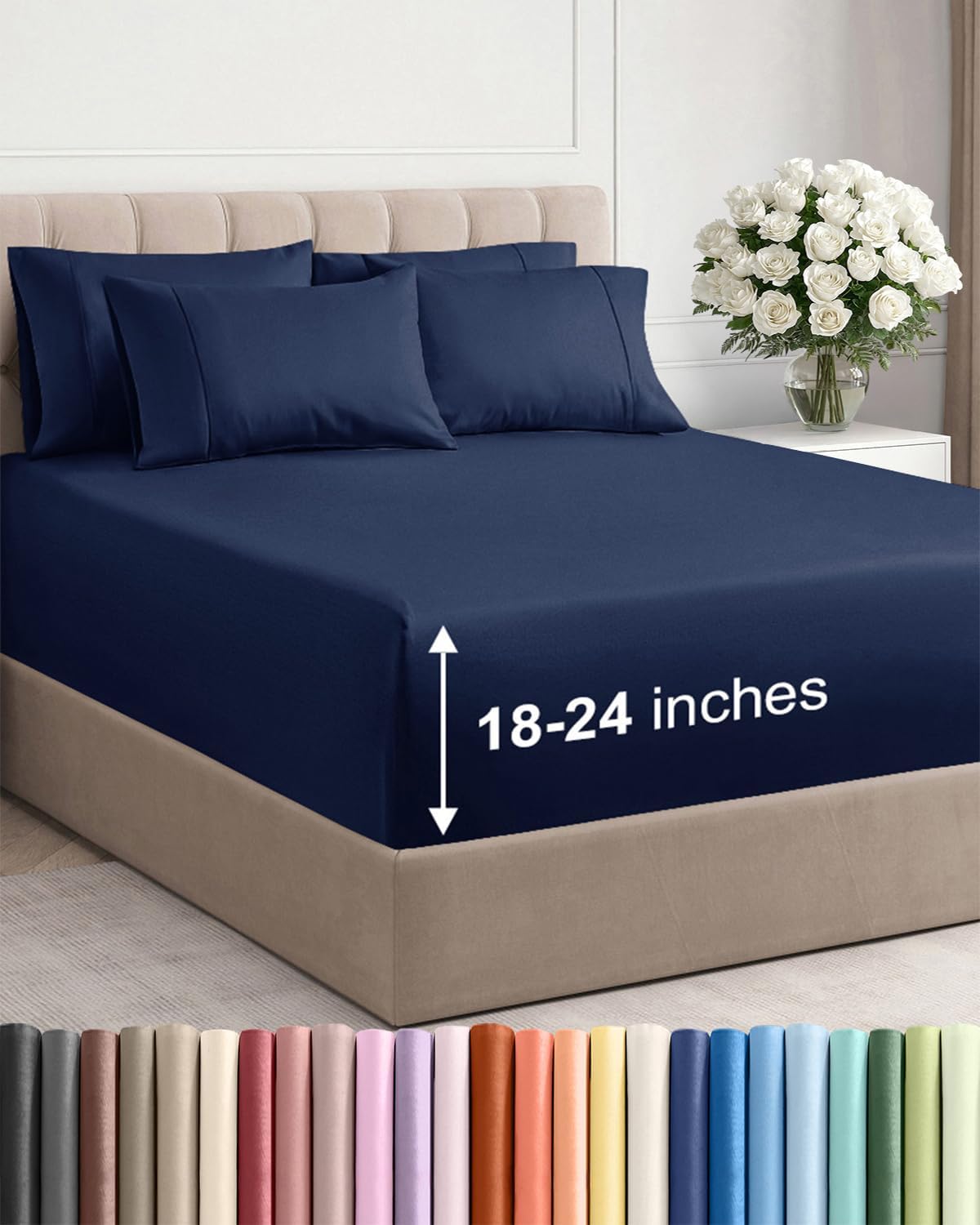 Skiennix Extra Deep Cal King Sheet Set - 6 Piece Breathable Cooling Bedding - Soft Wrinkle-Free Navy Blue