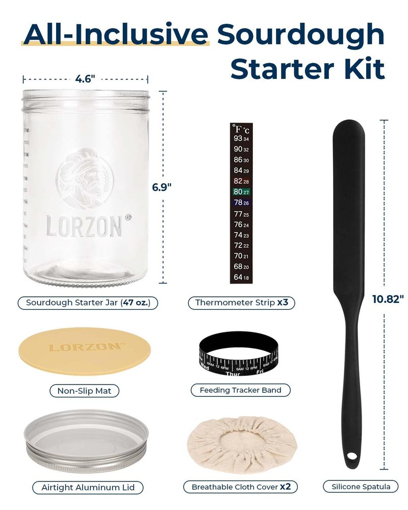 Lorzon Sourdough Starter Jar Kit - 47 oz Large Wide Mouth Bread Starter Jar with Feeding Tracking Band, Silicone Spatula, Sourdough Bread Baking Supplies