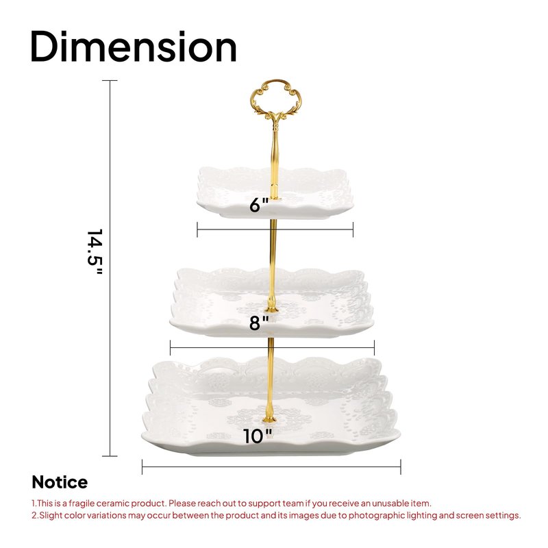 Sumerflos 3 Tier Porcelain Cupcake Stand, Tiered Serving Cake Stand, Square White Embossed Dessert Stand, Weddings Parties Pastry Serving Tray