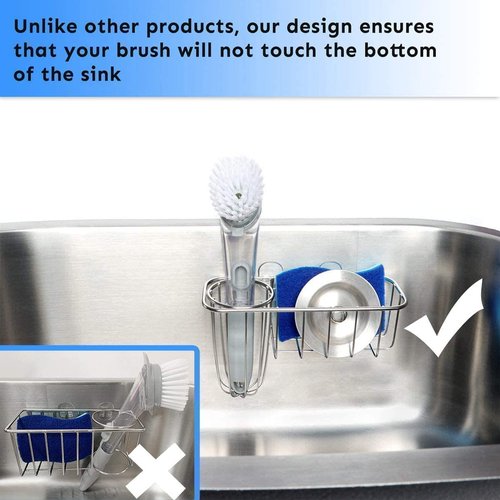 HULISEN 3-in-1 Sponge Holder for Kitchen Sink with Dish Brush Holder, Stainless Steel Caddy for Soap, Scrubber, No Drill and Rustproof, Silver
