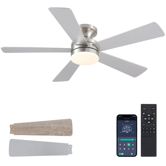 BYKISTOK 46IN Ceiling Fan with Lights and Remote/APP - Flush Mount Low Profile Ceiling Fan Light with 3CCT Dimmable, 6 Speeds Reversible, Modern Fan Light Fixture for Indoor, Covered Patios, Nickel