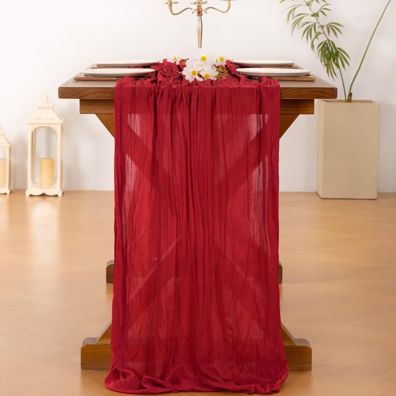 Socomi 6pcs Red Cheesecloth Table Runner Boho Rustic Gauze 120 inch 10FT Cheese Cloth Sheer Runner for Wedding Party Baby Shower Birthday Home Decor Holiday Decorations