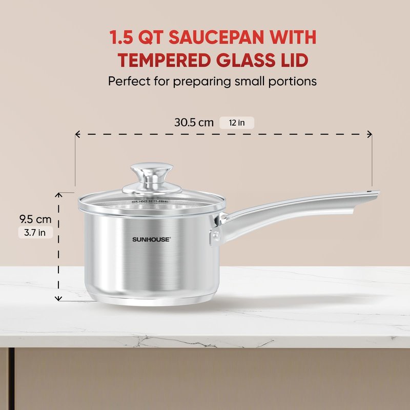 SUNHOUSE – 1.5 Quart Stainless Steel Sauce Pan with Lid - PFOA-FREE, Stainless Steel Sauce Pan, Induction base, Stay-Cool Handle, Compatible with All Cooktops Gas, Geramic, Electric etc.