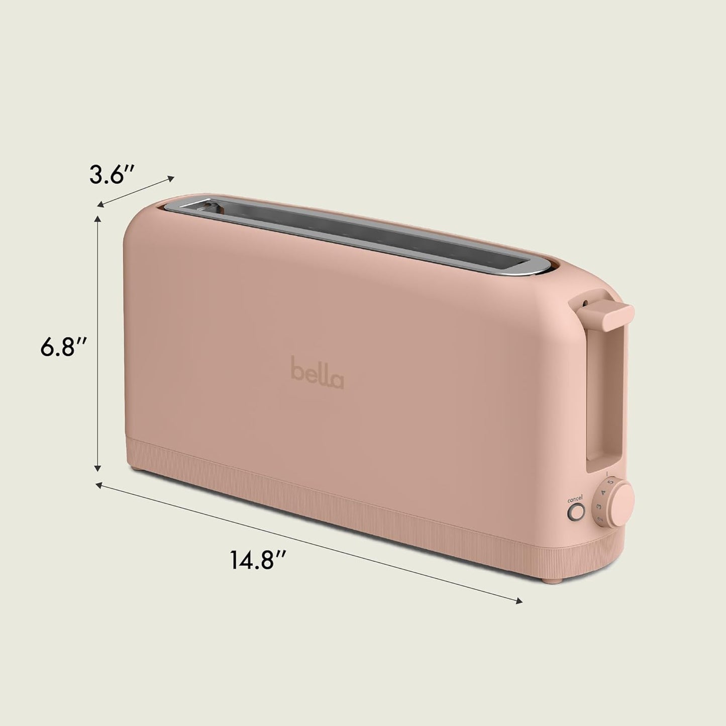 Bella 2 Slice Slim Toaster - 6 Setting Shade Control, Reheat & Cancel Buttons | Fits 10” Long Sourdough, Blossom Color