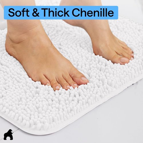 GORILLA GRIP Plush Chenille Bath Rug Mat - Soft, Absorbent, Machine Washable | White, Square Toilet Base