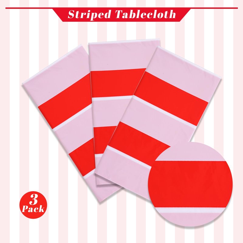 Kesfey 3 Packs Red and White Vertical Striped Tablecloth 54 x 108 Inch Circus Carnival Theme Party Table Cloths Decorations Waterproof Red Striped Picnic Table Cover for Patriotic Birthday Party