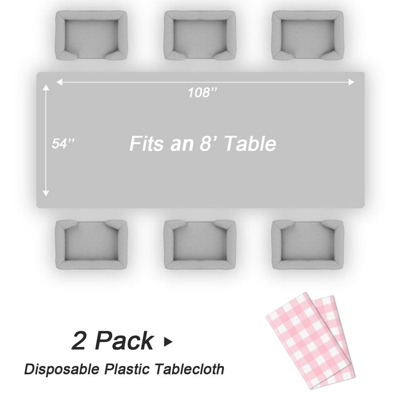 QIKSION Pink Gingham Tablecloth Disposable 2 Pack, 54 x 108 Inch Pink and White Checkered Table Cloth for Baby Shower, Easter, Mothers Day Decorations, Birthday Party, Rectangle, Plastic Table Cover