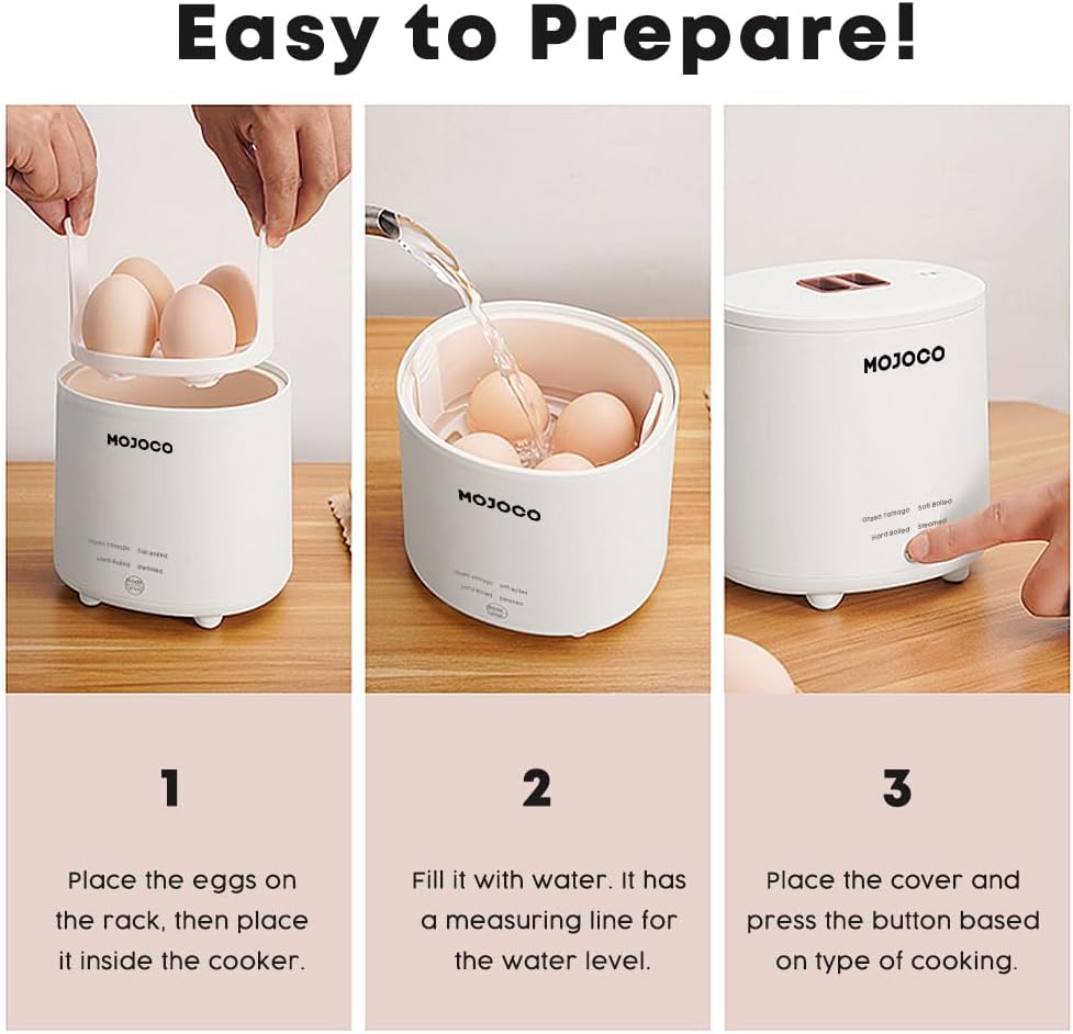 Mojoco Rapid Egg Cooker - Electric Mini Egg Boiler for Steamed, Hard & Soft Boiled Eggs | Smart Kitchen Appliance with Auto Shut Off
