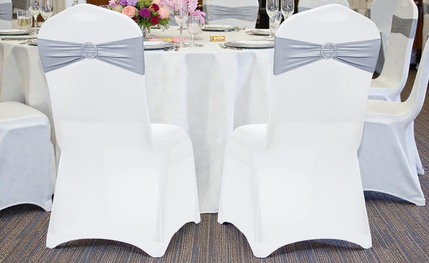 MDS Spandex Foil Chair Sashes - Universal Fit Elastic Stretch Bands with Buckle for Weddings | Metallic Silver - Pack of 10