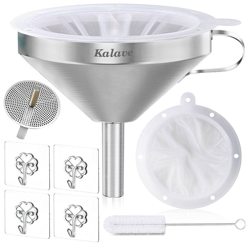 KALAVE Premium Stainless Steel Funnel, 5 Inch Food Grade Kitchen Funnels with 200 Mesh Food Filter Strainer for Filling Bottles, Oils, Juice, Wine, Coffee, Milk