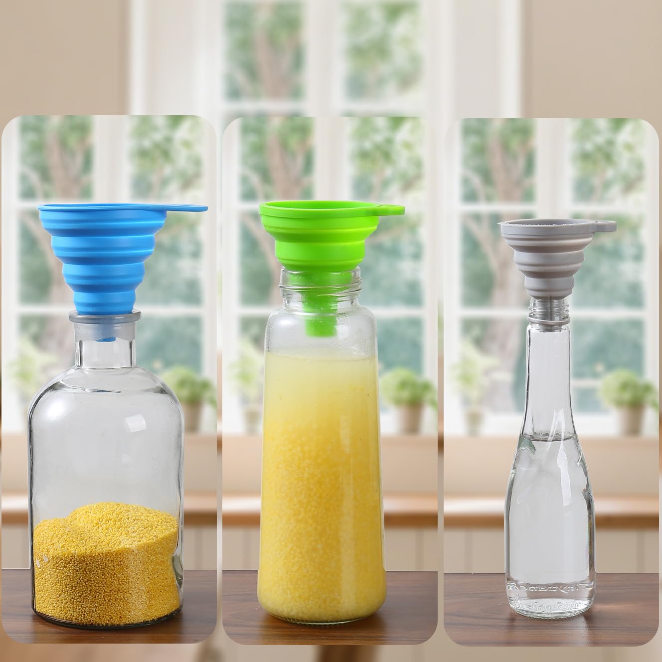 Skiennix Silicone Collapsible Funnels - 6 Pack Kitchen Set for Easy Filling | 3 Small & 3 Large, Food Grade