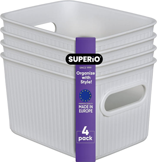 Ribbed Collection Decorative Plastic Storage Bins - Small White Smoke Organizer (4 Pack) | 1.5 Liter