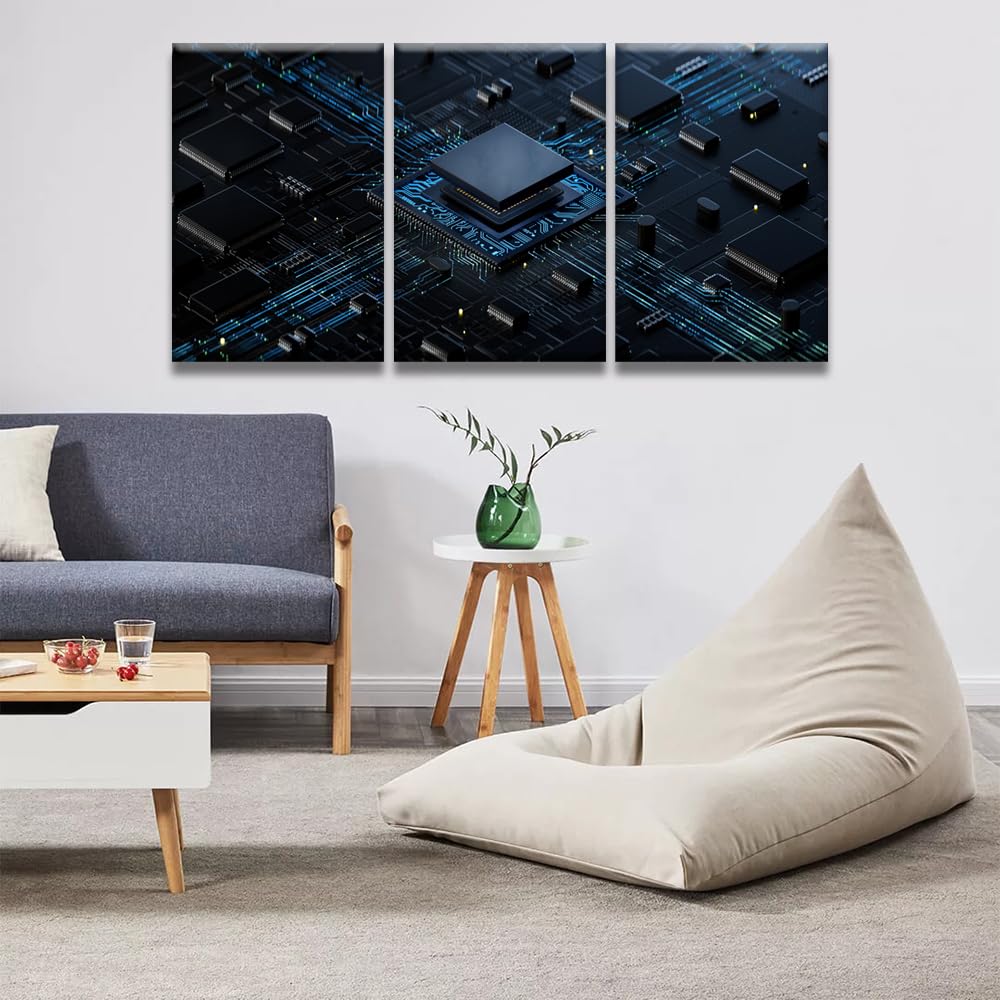 Digital Chip Pictures for Bedroom Wall Decor CPU Concept Prints Wall Art Canvas Artwork Wall Decor Multi Panel Wall Art Home Decor Wall Art Canvas Framed Wall Hanging Decor Ready to Hang 16X24X3 INCH